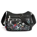 Multi-zipper nylon crossbody shoulder bag with colorful floral print for women daily use. - Floral Cluster