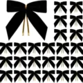 Black velvet bows with gold ribbon tails for Christmas tree and gift box decoration party. - 2.5cm/9x9cm / Black