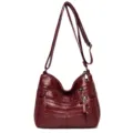 Washed Soft Leather Crossbody Bag Multi-Pocket Casual Women Shoulder Bag Burgundy - Red