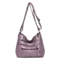Purple washed leather crossbody bag, multi-zipper shoulder bag for women, soft PU leather. - Purple