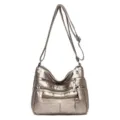 Borsa a tracolla argentata metallizzata da donna, pelle morbida con multi zip, borsa casual. - Bronzo