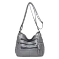 Grey washed leather crossbody bag, multi-zipper shoulder bag variant for daily use. - Gray