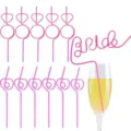 Pink plastic bachelorette party drinking straws with bride and ring shapes for wedding events. - 12 PCS / Multicolor