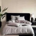 Detailed view of the washed cotton bedding set featuring intricate jacquard leaf patterns in gray. - Flying Feathers - Grey / [Flat Sheet Style] 1.5m 4-Piece Set - Duvet Cover 200x230