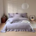 Purple cotton ruffled bedding set detail view, solid color four piece set for bedroom decor. - Qing Xi / Four-piece Bedsheet Set For 1.5m Bed