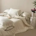 Luxurious 100-count Tencel duvet cover set with elegant black piping and jacquard. - Feather Soft White / [Flat Sheet Style] 1.5m 4-Piece Set - Duvet Cover 200x230