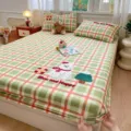 Cozy cotton plaid fitted sheet with cute embroidery, soft bedding set for comfortable sleep. - Gift / Pair of 48x74cm Pillowcases