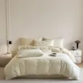 Beige cotton jacquard bedding set, soft breathable fabric duvet cover and pillowcases. - Floating Cloud - Milk White / 1.2m Flat Sheet 3-Piece Set