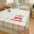 Cute plaid fitted sheet set with plush puppy embroidery, soft cotton bedding for bedroom decor - Ruila