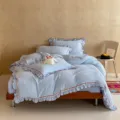 Light blue pure cotton double gauze 4-piece bedding set with cute bow ruffles style - Blue Hyacinth Island / 1.2m Flat Sheet 3-Piece Set