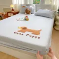 Gray striped cotton fitted sheet with cute puppy embroidery and matching pillowcase. - Small Dachshund