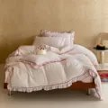 Pink double gauze 4-piece bedding set with cute ruffles and bow accents for girls. - Cherry Blossom Letters / 1.2m Flat Sheet 3-Piece Set