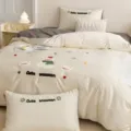 Cotton bedding set cute snowman embroidered duvet cover pillowcases cozy bedroom decor - Snow White Cream / Bed Sheet Style - 0.9m 3-Piece Set