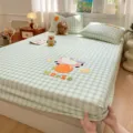 Green checkered cotton fitted sheet set with cute horse embroidery, cozy bedroom bedding. - Star Ponies