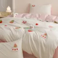 Pink Cotton Bedding Set Cute Strawberry Cake Embroidery Quilt Cover And Pillowcases - Strawberry Cake / Bed Sheet Style - 0.9m 3-Piece Set