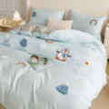 Cute penguin printed cotton bedding set variant, soft blue duvet cover with pillowcases. - Penguin Stroll / Bed Sheet Style - 0.9m 3-Piece Set