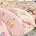 Pink cotton bedding set with cute rabbit and strawberry print, soft and cozy for bedroom. - Fun Paradise - Pink