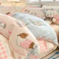 Cute cartoon dog print pure cotton 4-piece bedding set pink plaid duvet cover and sheets. - Sweetheart Cherry Dog