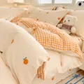 Cozy cotton bedding set with orange grid and cute fruit print, soft and comfortable for all seasons. - Sweet Tangerine / 150x200cm Single Duvet Cover [Combed Cotton Comfortable & Skin-Friendly]