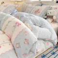 Korean style pastoral blue gingham floral cotton bedding set, soft 4-piece duvet cover set. - Rabbit in Flowers - Blue