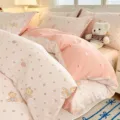 Cute pink cotton bedding set with adorable bear pattern, soft duvet cover and bed sheet 4pcs - Bubble Bear - Pink