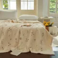 Cotton linen summer quilt with floral embroidery, lightweight breathable air conditioning blanket. - Warm Coffee Floral Story / 150x200cm Summer Quilt