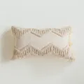 Bohemian tufted throw pillow cover, beige decorative cushion with zigzag pattern and fringe. - Sani Long Style