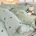Green striped cotton duvet cover set with cute bow patterns for cozy bedroom bedding decor. - Green Bow