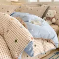 Cotton plaid duvet cover set with colorful dots and blue reversible design for cozy bedroom. - Original Point