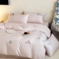 Pink cotton bedding set with cute bear embroidery, soft 4-piece set for student dorms. - Pink / 0.9m Bed Sheet 3-Piece Set - Duvet Cover 150*200