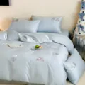 Cute cartoon bear and floral embroidered 100s cotton bedding set, soft blue duvet cover style. - Blue / 0.9m Bed Sheet 3-Piece Set - Duvet Cover 150*200