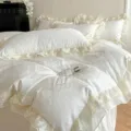 French style washed cotton jacquard bedding set with chiffon lace ruffles for bedroom decor. - Sweet Dream White / 1.2m Flat Sheet Set (3-Piece) - Duvet Cover 150x200