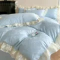 French court style washed cotton jacquard bedding set with double layer chiffon ruffles. - Sweet Dream Blue / 1.2m Flat Sheet Set (3-Piece) - Duvet Cover 150x200