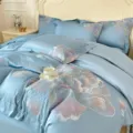 Juego de cama bordado de flores de lujo, funda nórdica de algodón suave y fundas, color azul. - Colección floral - azul cielo