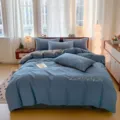 4-delige beddengoedset van geborsteld katoen in effen kleur met leuk borduurwerk, blauw. - Diep Blauw Grijs