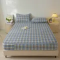 Vintage ruit katoenen hoeslaken set, zachte ademende matrasbeschermer voor gezellige slaapkamer. - Qingfeng-Blauw
