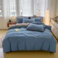100% katoen geborsteld effen tweetonig geborduurd 4-delig beddengoed set gezellige slaapkamer - Donkerblauwe Koffie