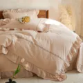 Cotton linen floral embroidered bedding set with ruffles for cozy bedroom decor 4pcs - Heather Pink / 200x230cm Multi-Functional Quilt