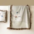 Washed cotton summer cooling quilt set with cute cat embroidery and elegant brown lace ruffle edge. - Meow Star - Coffee