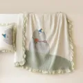 Washed cotton summer quilt variant with ruffles and cute gray cat pattern in light green. - Meow Star Green