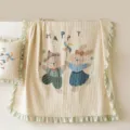 Summer air conditioning quilt set with cute cartoon bear print and ruffles, washed cotton fabric. - Party Green