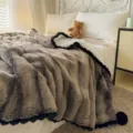 Faux fur blanket with black pom pom fringe plush soft throw for single bed cozy decor. - 100*150cm / Cloud Velvet Black Pearl - Coffee