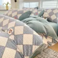 Milk Fleece Bedding Set Blue Diamond Warm Winter Coral Fleece Quilt Cover and Sheet - Combat Style
