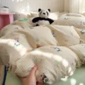 Juego de ropa de cama de 4 piezas de gasa doble de algodón panda lindo cuadros suave transpirable - Panda Juguetón / Par de fundas de almohada de 48x74cm