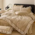 French style milk fleece bed cover four-piece set with elegant lace ruffles and embossed floral design. - Ruixiang - Milk Coffee / [Bedspread Style] 1.5m 4-Piece Set - Duvet Cover 200x230