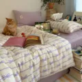 Βαμβακερό σετ κλινοσκεπασμάτων με φιόγκο κορεατικού στυλ, απαλό και άνετο για υπνοδωμάτιο. - Κορδέλα φιόγκος - μωβ / Σετ 3 τεμαχίων σεντόνι 1,2 m