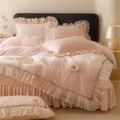 Pink milk velvet bedding set with French lace ruffles and floral quilting, cozy bedroom style variant. - Ruixiang - Light Pink / [Bedspread Style] 1.5m 4-Piece Set - Duvet Cover 200x230