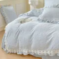 Luxurious embossed milk fleece bedding set with white lace trim, soft winter blanket cover. - Four-piece Bedsheet Set For 1.5m Bed / Blue
