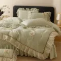 Sage green milk velvet bedspread set French vintage style ruffles bedding room decor - Ruixiang - Light Green / [Bedspread Style] 1.5m 4-Piece Set - Duvet Cover 200x230