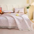 Französischer Vintage-Cremestil Baumwolle Doppelgaze Tagesdecke 3-teiliges Set mit Spitze. - Niedlicher Wald - Rosa / 170x235cm (Für 1.2m Bett)